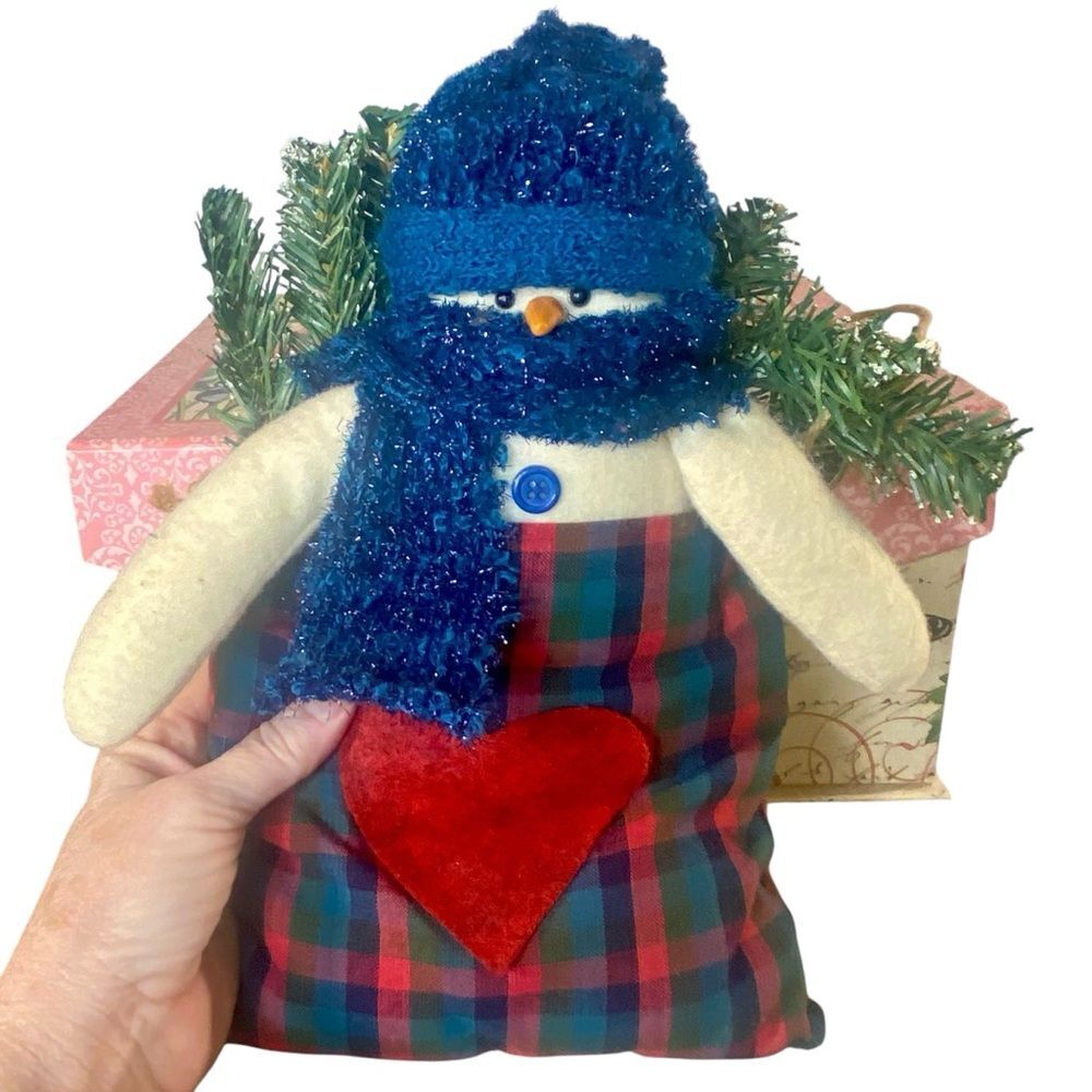 Snowman Plush Pillow Holiday Decoration Blue Scarf Matching Hat Greenery